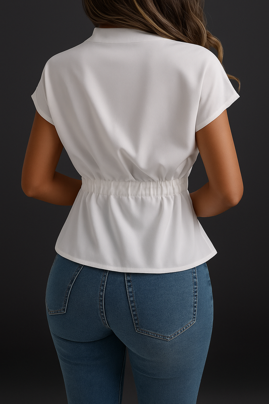 Notched Short Sleeve Blouse